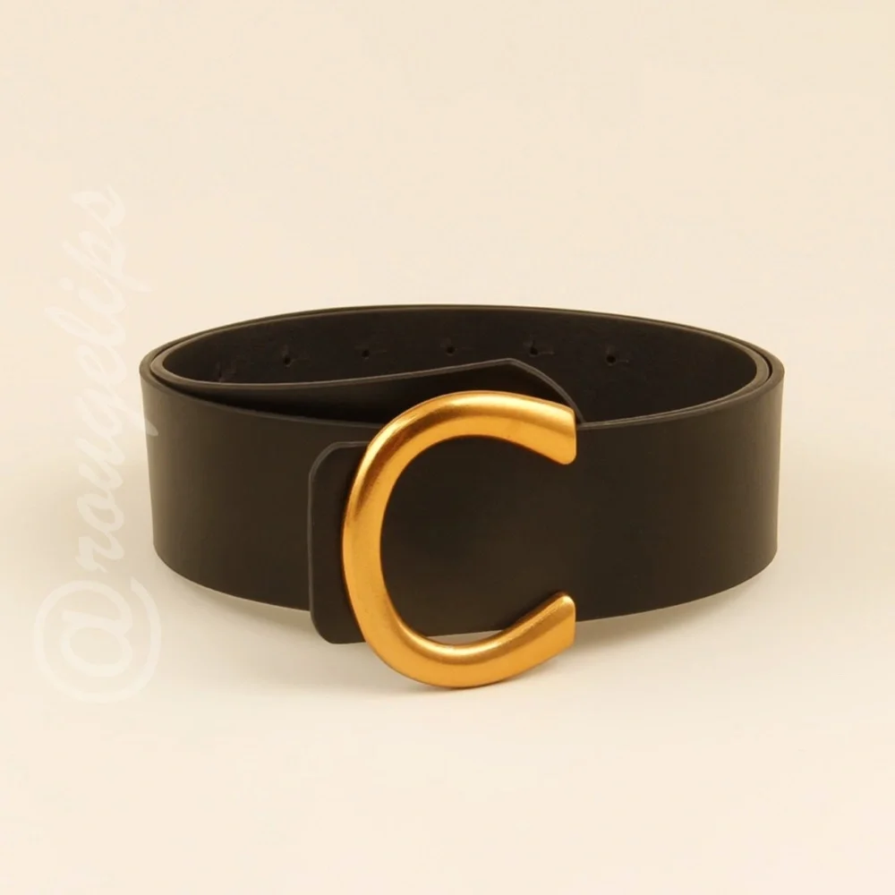 PU Wide Black Belt Gold Tone Horseshoe Buckle